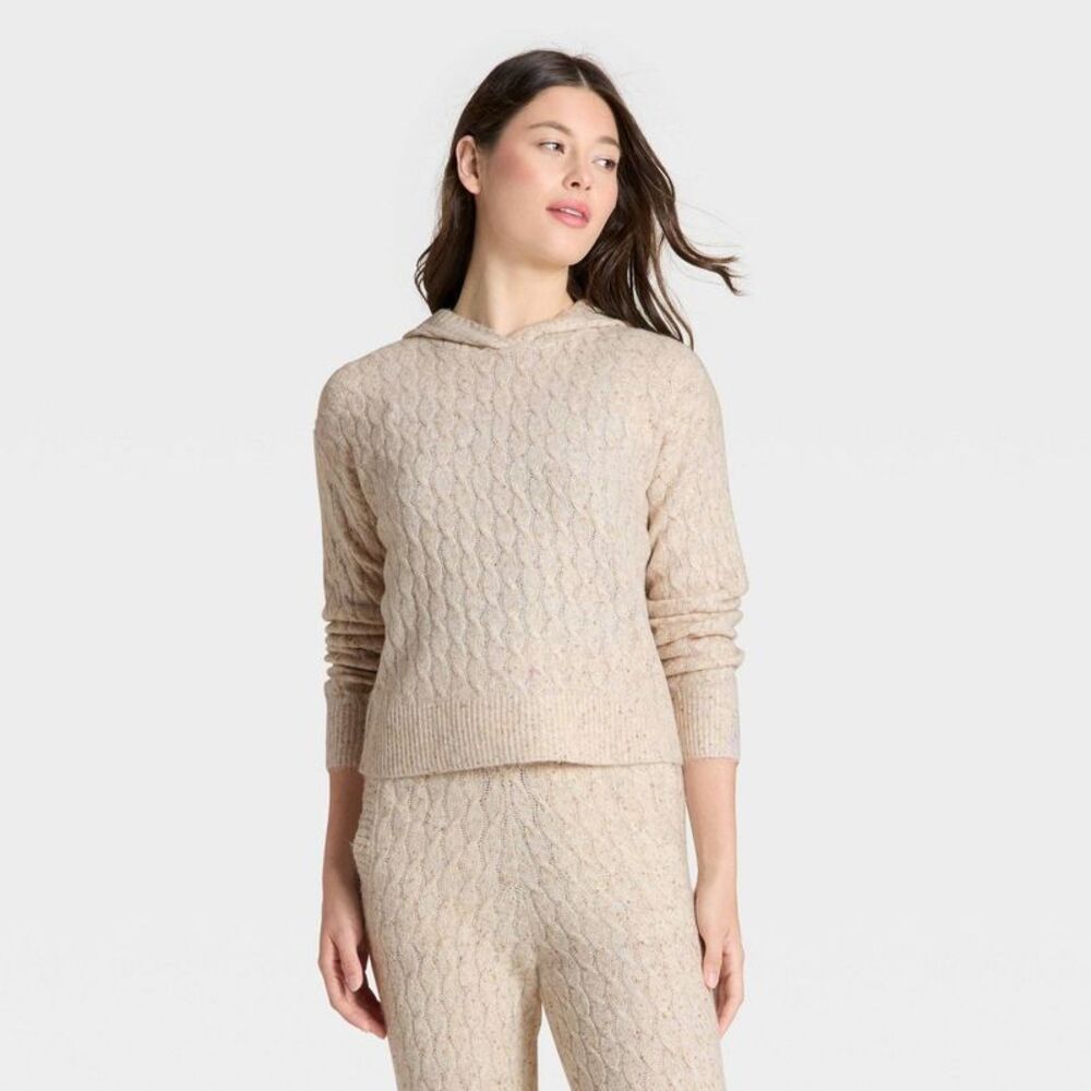 Auden - Women's Cashfeel Cable Knit Hooded Pullover Sweate Beige